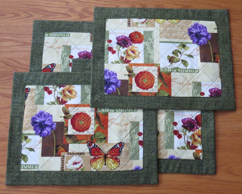 Floral and Butterfly Quilted Placemats, Handmade Orange Red Purple and