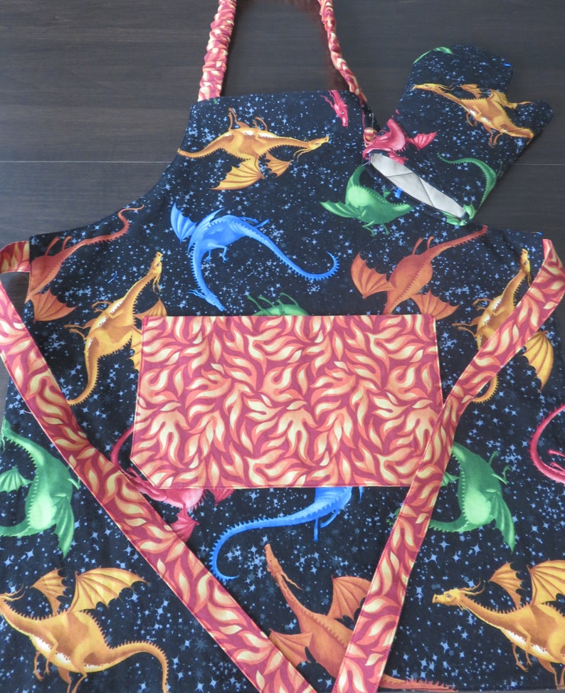 Dragon Themed Child Apron with Quilted Play Oven Mitt Reversible Kitchen Play Accessory Boy or Girl Apron