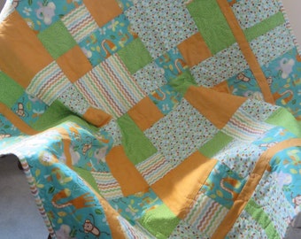 Jungle Themed Baby Quilt, Toddler Lap Quilt, Blue Orange Green Yellow Baby Boy or Girl Quilted Blanket, FREE Shipping in Canada and US