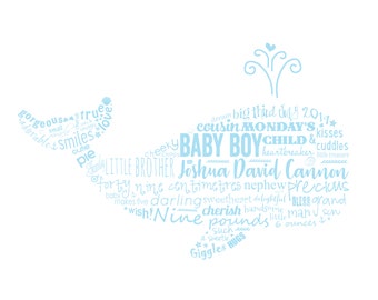 Printable, Typography Poster, Birth Announcement, Whale, Baby Boy, 10 x 8 inches, Name Art