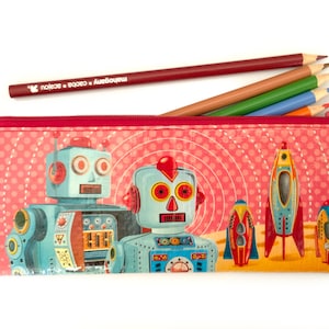 Retro Robots - Recyclable Pencil Bag Fun Lightweight Kids Birthday Gift l travel style cash cards makeup multi-purpose