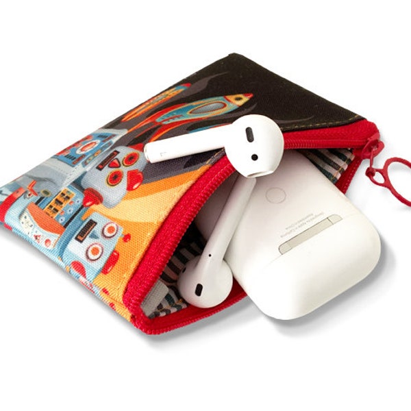 Space Port - Earphones ID Coin Bag  case  Mini Zipper Pouch Robots Natural Museum Rocket Retro travel size Airpods Vintage Tin Toys