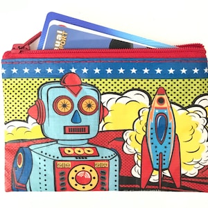 Monedero retro reciclado con forma de robot de cómic, divertido monedero con forma de cohete de museo de dibujos animados, ligero, para viajes, maquillaje vintage, multiusos