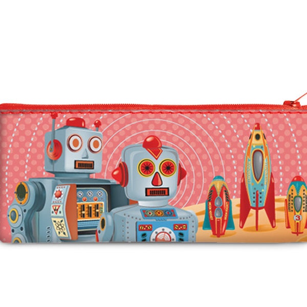 Retro Robots - Recyclable Pencil Bag Fun Lightweight Kids Birthday Gift l travel style cash cards makeup multi-purpose