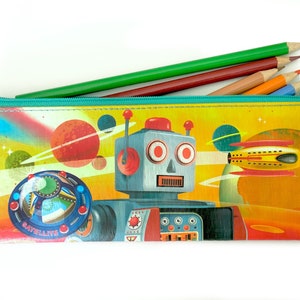Retro Robots - Recyclable Pencil Bag Fun Lightweight Change Purses Useful Functional travel style cash cards makeup multi-purpose