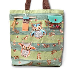 Owls - Embroidered Canvas Shoulder Tote fun bag natural history museum store kids gifts Zippered multipurpose pocket at the front