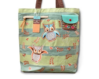 Owls - Embroidered Canvas Shoulder Tote fun bag natural history museum store kids gifts Zippered multipurpose pocket at the front