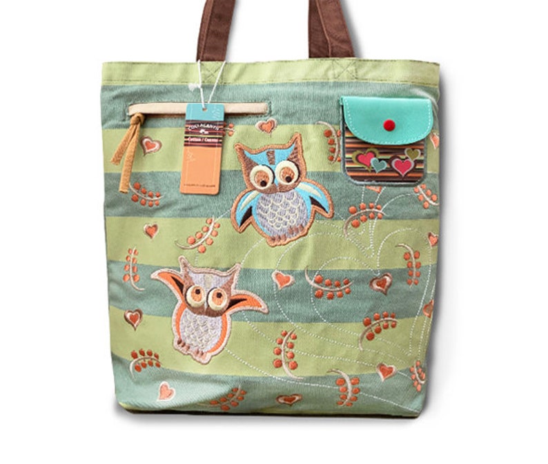 Owls Embroidered Canvas Shoulder Tote Fun Bag Natural Etsy