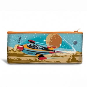 May include: A rectangular pencil case with a space theme. It depicts a retro rocket ship flying through a starry sky, with planets and mountains. The zip and trim are orange.
