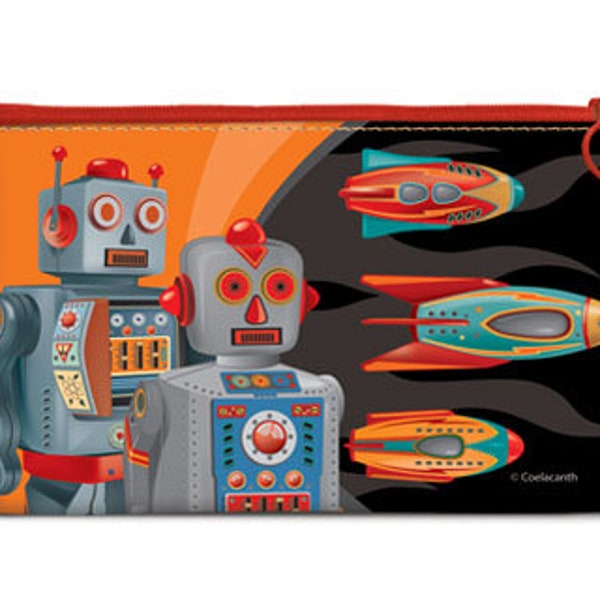 Space Port - Medium Zipper Pouch Robots Stationery Pencil bag Natural Museum Mars Tin Toys Rocket Retro Rocketship Travel size Comic Art