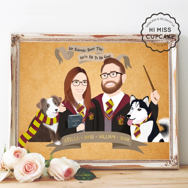 Custom Portrait Movie Theme // Harry Potter Newly Wed // Harry Potter Custom Illustration Portrait // Personalized Cartoon Family Portrait