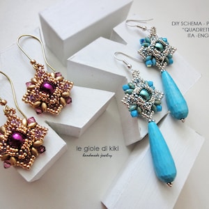 May include: Two pairs of handmade earrings with a square bead design. The earrings on the left have a gold finish and a purple centre bead. The earrings on the right have a silver finish and a turquoise centre bead. Both pairs have a teardrop-shaped turquoise dangle.