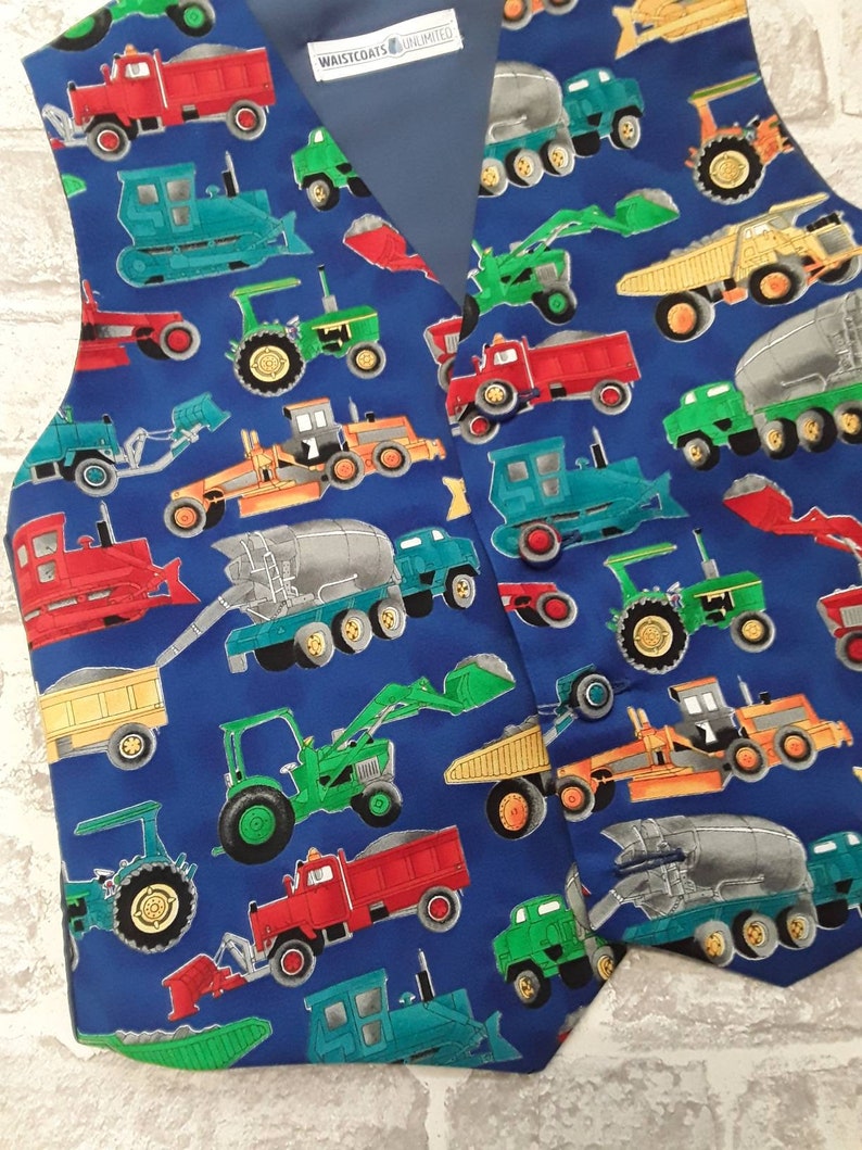 Boy/'s Waistcoat Made To Order Blue Diggers And Lorry/'s