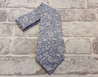 Men's Tie, Men's Necktie, Blue-White Flowers Necktie