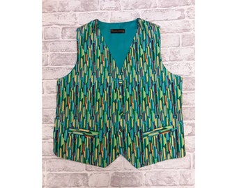 Men's Waistcoat, Men's Vest, Men's Green/Blue Diamonds Waistcoat, Mens Green/Blue Diamonds Vest, 42" - 44" Chest - Ready to Wear