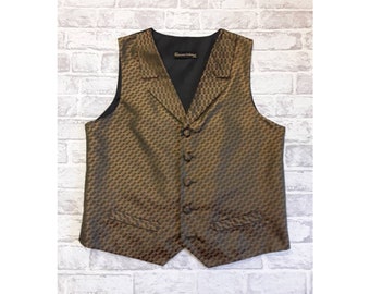 Men's Brocade Waistcoat, Men's Vest, Black/Gold Brocade - 40"-42" Chest With lapels - Ready To Wear