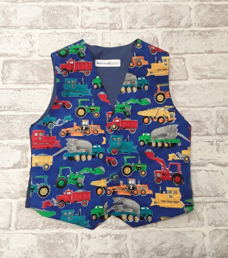 Boy/'s Waistcoat Made To Order Blue Diggers And Lorry/'s