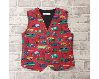 Boy's Waistcoat, Red Trucks - Made To Order