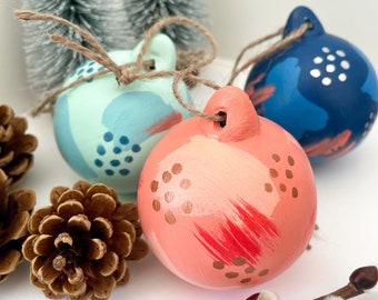 Hand Painted Ceramic Christmas Tree Bauble - Colourful Abstract Decoration.