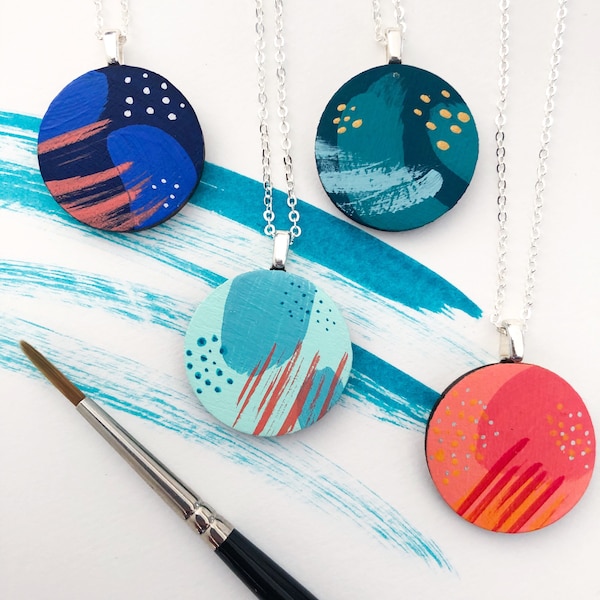 Colourful Abstract Necklace - Art Jewellery - Hand Painted Circle Necklace - Wooden Necklace - Brush marks and Dots