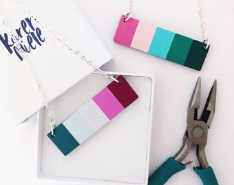 Pink and green necklace. Colourful colour block jewellery. Hand painted wooden artist gifts