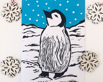 Penguin Christmas Card - Block printed Lino Print Penguin - Snowy Christmas Scene -Hand Printed