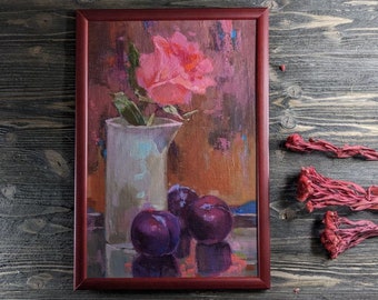 Original Oil Painting, Impressionistic Artwork, Hand-Painted Canvas for Home Decor “Purple Still Life with Rose”