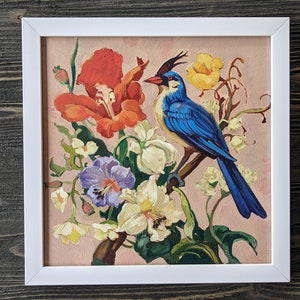 Chinoiserie Style Oil Painting Bird with Flowers Hand-Painted Vibrant Wall Art for Kitchen Decor image 1