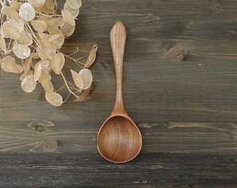 Hand-Carved Walnut Wood Serving Spoon: Unique Kitchen Utensil, 11-Inch Ladle