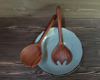 Walnut Wood Salad Set Hand Carved Short Fork and Spoon