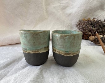 Handcrafted mugs "Mint Magic" High-temperature black chamotte clay Glaze