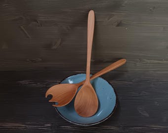 Beech Wood Salad Set Hand Carved Wooden Fork and Spoon
