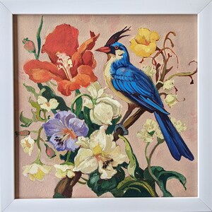 Chinoiserie Style Oil Painting Bird with Flowers Hand-Painted Vibrant Wall Art for Kitchen Decor image 2