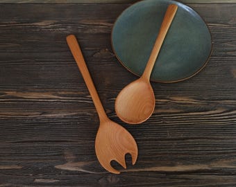Salad serving set Handmade beech wood salad and pasta mixing  tools