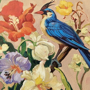 Chinoiserie Style Oil Painting Bird with Flowers Hand-Painted Vibrant Wall Art for Kitchen Decor image 3