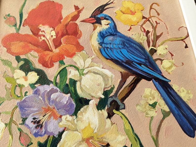 Chinoiserie Style Oil Painting Bird with Flowers Hand-Painted Vibrant Wall Art for Kitchen Decor image 3