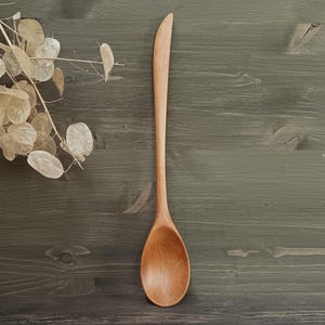 Long cooking spoon hand carved from beech wood Handmade serving spoon Wooden kitchen utensil for mixing stirring & serving