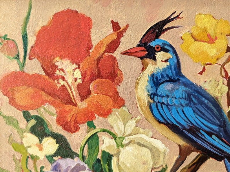 Chinoiserie Style Oil Painting Bird with Flowers Hand-Painted Vibrant Wall Art for Kitchen Decor image 4