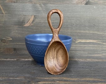 Hand Carved Walnut Coffee Scoop, 6.5" Wooden Flour and Grain Scoop, Kitchen Measuring Tool