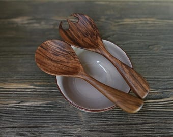 Short salad and pasta set Handmade walnut wood cooking utensils