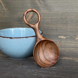 Hand Carved Walnut Wood Coffee Scoop with Ring Handle