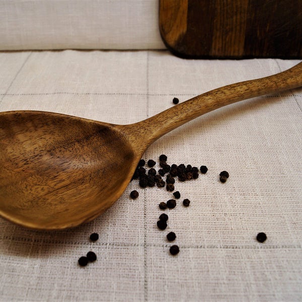 Mestolo in legno unico da Ricci noce, cucchiaio di legno, cucchiai di legno ristorante, che serve cucchiaio, mestolo, mestolo, utensili in legno da cucina, cucchiaio di cottura di legno intagliato