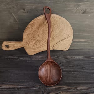 Original wide wooden serving cooking spoon from walnut wood  Handmade big kitchen spoon
