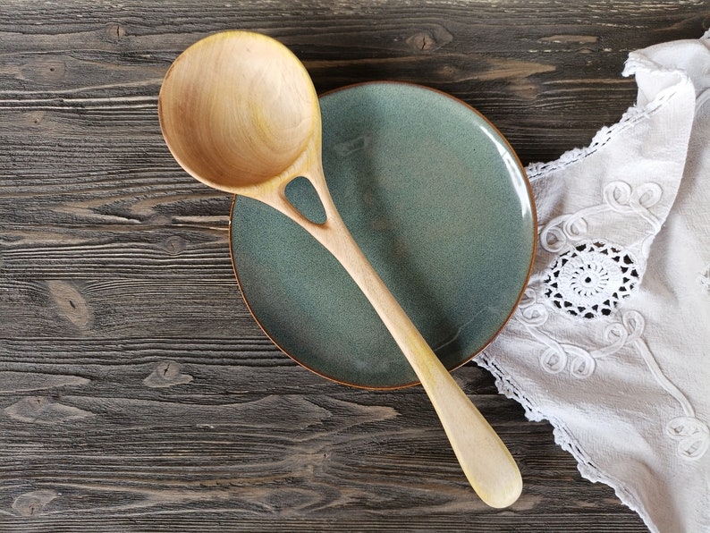 Handmade large wooden serving spoon ladle from walnut wood Unique design image 1