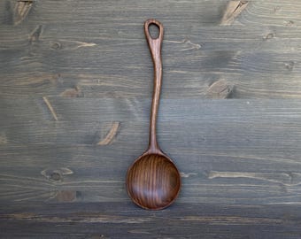 Wide Walnut Serving Spoon with Hanging Hole, Hand-Carved Big Wooden Ladle