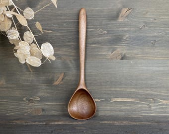 Large Walnut Wood Ladle, Long Handle Rustic Spoon, Hand-Carved Big Serving Spoon