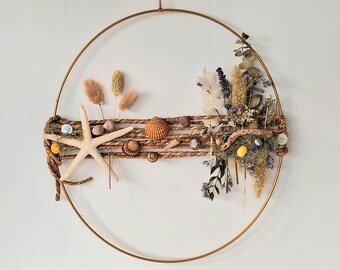 Dried flower gold hoop seascape. Beach wreath. wall .door hanging  arrangement. Gift. Home décor. homestyle. decorative.