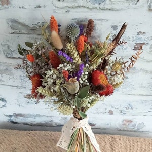 Dried flower gift  bouquet.  Tied Bunch of flowers. Natural. Autumn. gift. orange. Purple. home décor