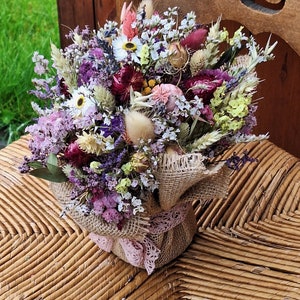 Dried flower arrangement. decoration.home decor. Gift. Yellow.pink.Lavender. Statice. Purple.Hessian. Dried grasses.straw flowers image 4