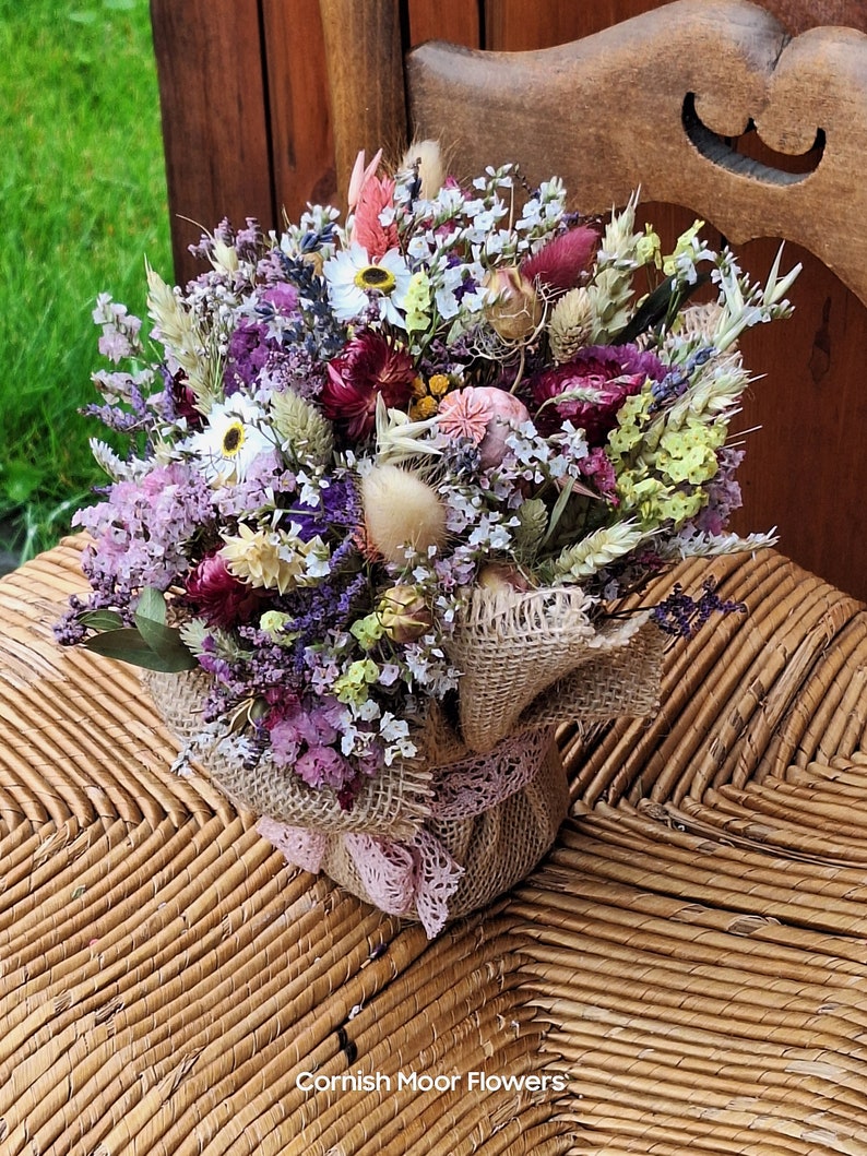 Dried flower arrangement. decoration.home decor. Gift. Yellow.pink.Lavender. Statice. Purple.Hessian. Dried grasses.straw flowers image 4